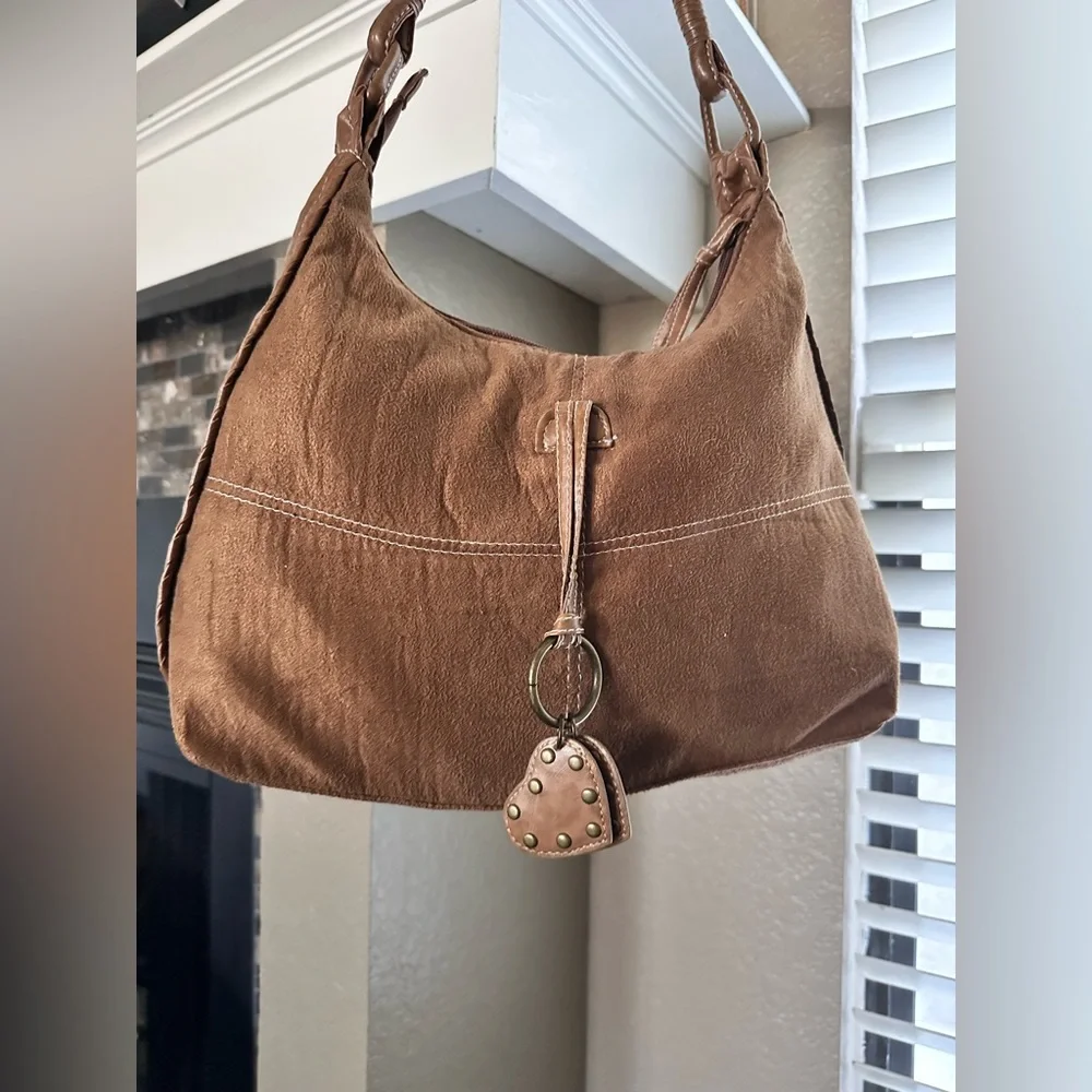 Y2K Boho Faux Suede Hobo Bag Brown w/ Dangling‎ Heart Charms